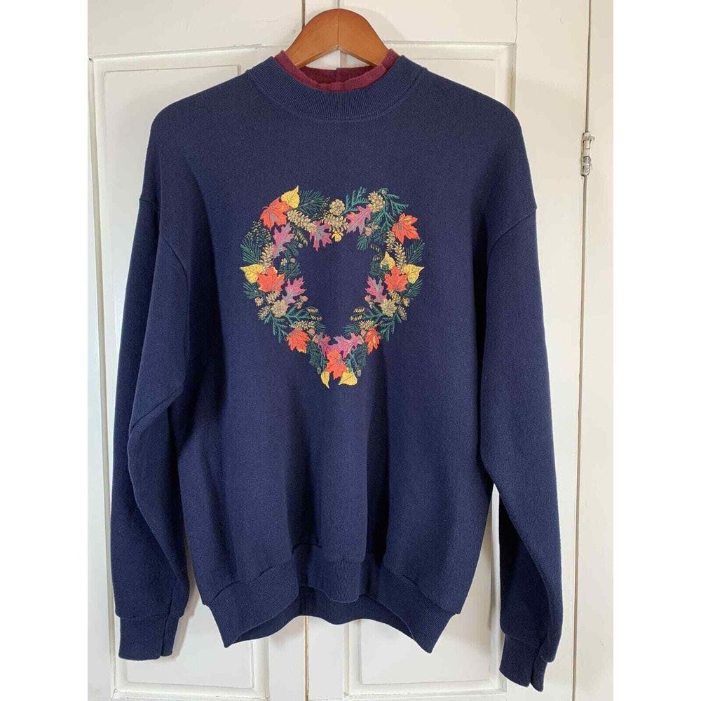 Vtg Sweatshirt Women Medium Fall Autumn Leaves Heart Wreath Grandmacore Granny